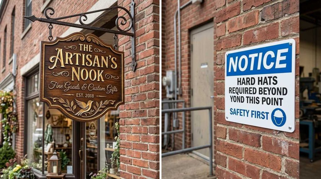 Side-by-side comparison of custom signs and standard signs showing premium branded shop signage versus simple safety signage in the UK.