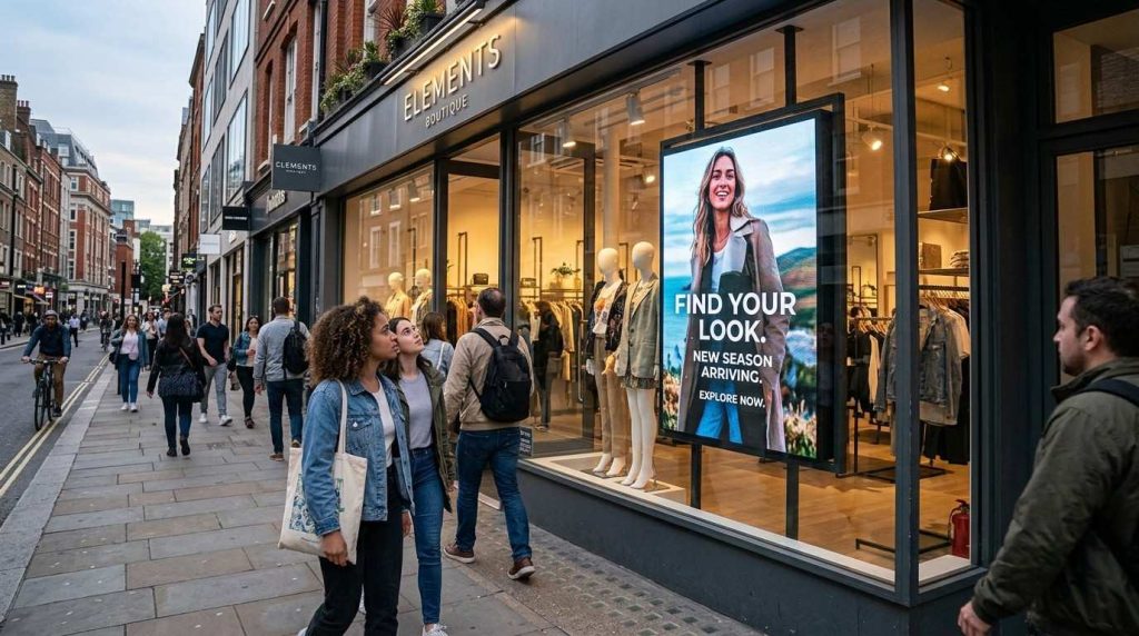 Large portrait digital signage screen mounted in a shop window, visible to pedestrians and enhancing customer engagement.