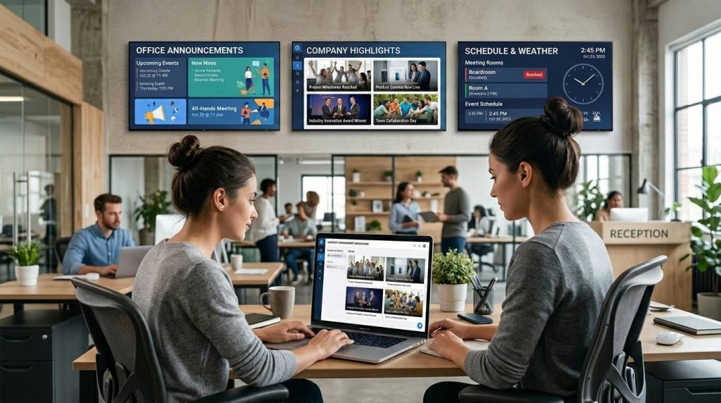 A modern office environment showing multiple digital screens mounted on a wall displaying dynamic content with a content management dashboard open on a laptop used to control the displays.