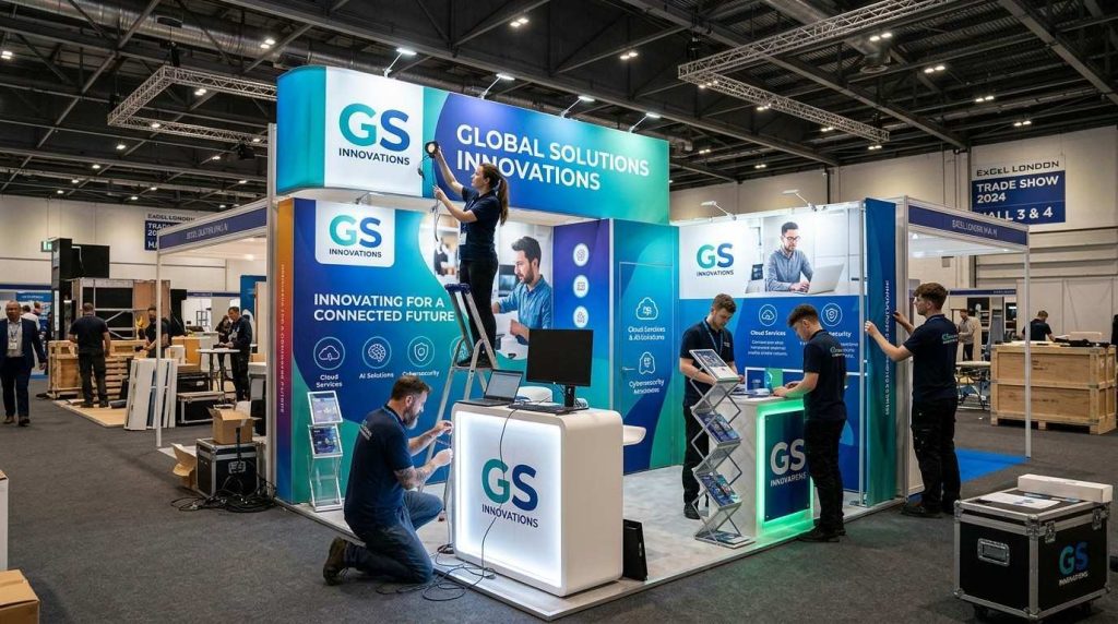 Business team setting up display stands for exhibitions at a UK trade show venue with branded exhibition stand graphics and lighting.