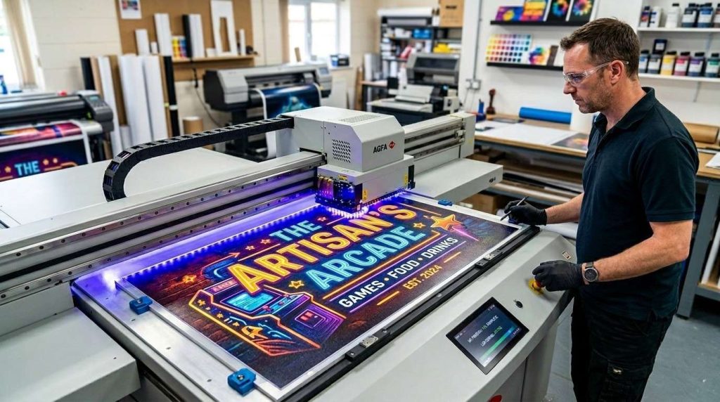 Printing expert using a UV printer to produce a vibrant custom shop sign, demonstrating advanced sign print technology.