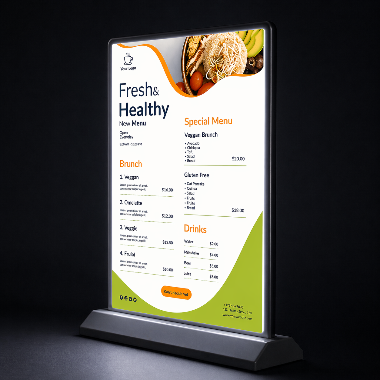 A table menu sign featuring a colorful image of delicious food items, inviting diners to explore the offerings.