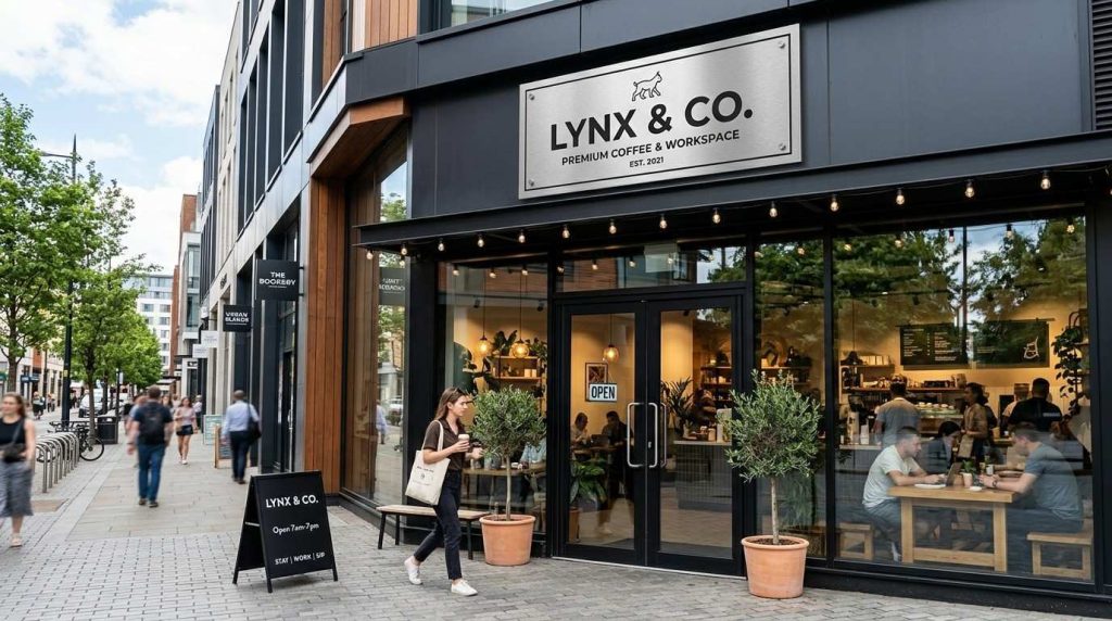 Aluminium metal sign printing displayed on a modern UK shopfront showing a clean branded business entrance with professional outdoor signage.