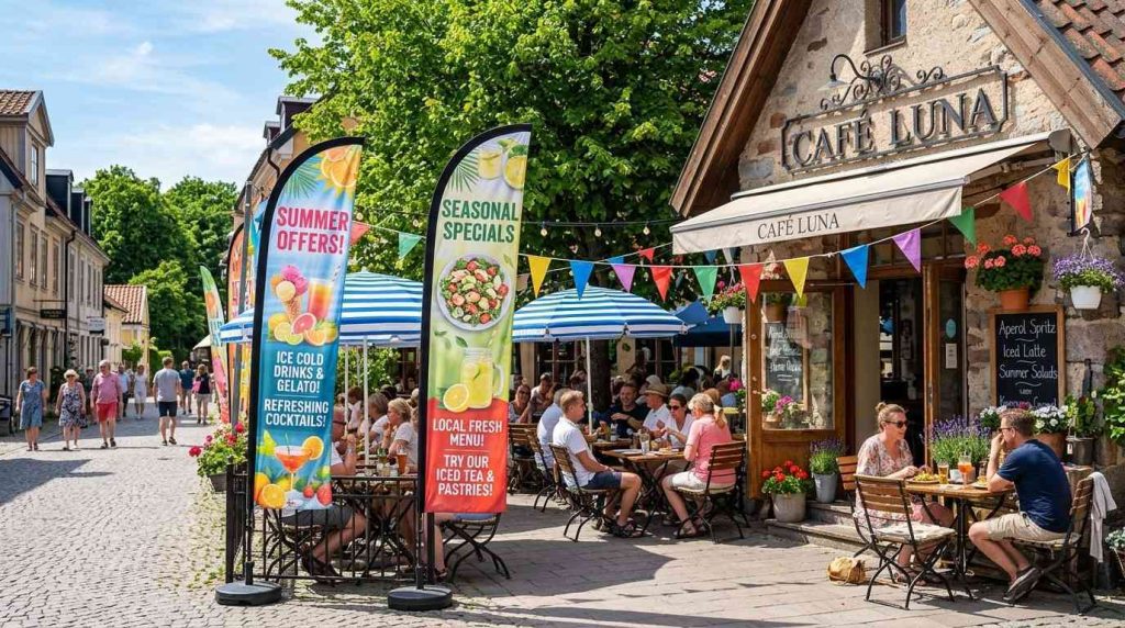 Café with outdoor seating area and bright summer banners and flags advertising seasonal offers showing importance of seasonal outdoor business signage.