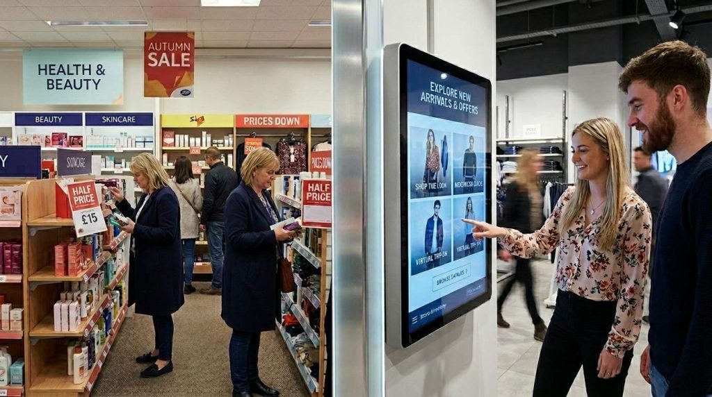A split image of indoor retail environment in the UK showing traditional printed signage on walls alongside interactive digital signage where customers are engaging with touchscreen.