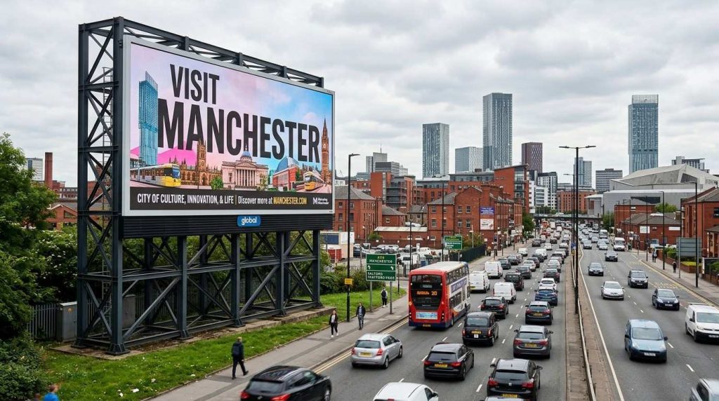 A large professionally installed roadside billboard beside a busy Manchester road, displaying a clean business advertisement with cars passing by on an overcast day.
