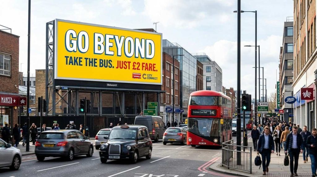 A large roadside billboard sign in a busy UK city showing a clean, simple advertisement with bold typography and vivid colours, surrounded by moving traffic and passers by during daytime.
