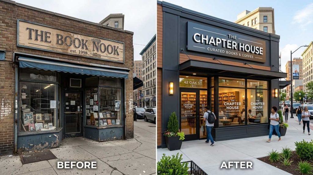 Modern business storefront before and after company rebranding, showing a faded exterior on the left and a refreshed storefront on the right with updated signage, clean typography, and improved lighting, representing visual brand transformation.