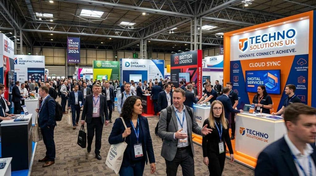Visitors walking through a busy exhibition hall in the UK trade show, with multiple branded exhibition stands attracting attention in a crowded environment.