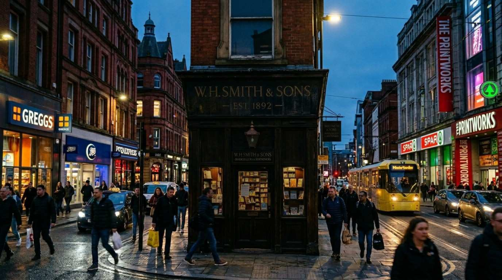 Shopfront in a busy Manchester street with a dimly lit exterior where a traditional business sign is hard to notice among competing lightboxes signage at dusk.