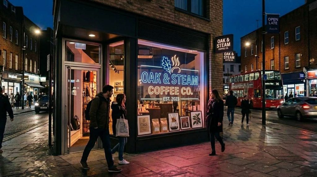 Modern retail storefront in the UK featuring a bright LED neon name sign glowing in the window at night, attracting passing customers with a warm and vibrant lighting effect”