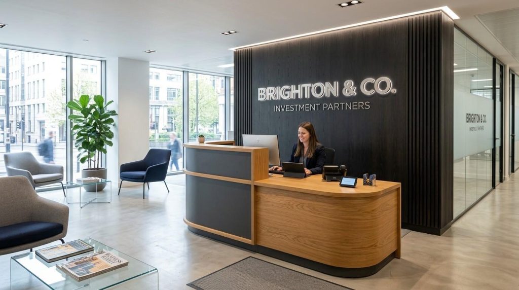 Modern UK office reception area with clean interior design and professional 3d wall signage logo behind the front desk creating a strong first impression