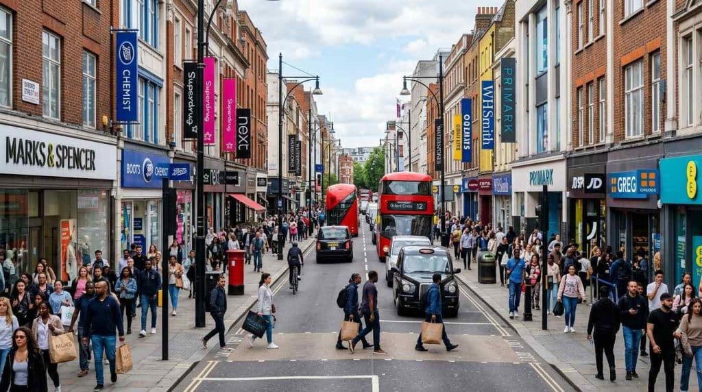 Busy UK high street with multiple retail stores displaying clear shop front signage attracting pedestrians walking past on a typical shopping day”.