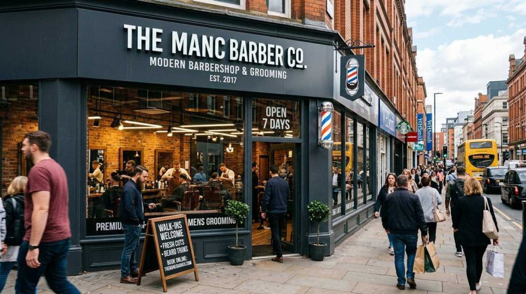 Modern barber shop signs Manchester storefront on a busy Manchester high street with professional signage attracting passing pedestrians.