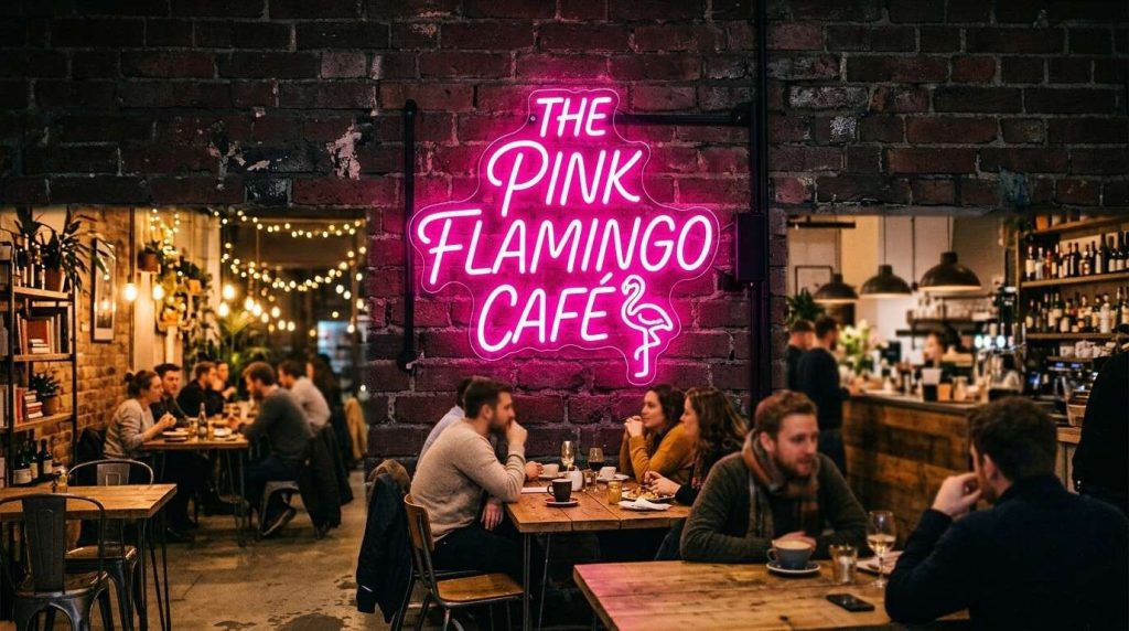 Best Restaurant Neon Sign Ideas That Customers Love In 2026 1 A glowing pink LED restaurant neon sign mounted on a dark brick wall inside a modern UK café