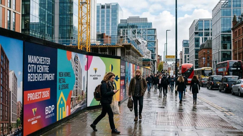Professionally printed hoarding signs surrounding an active construction site on a busy Manchester city centre street with pedestrians walking past