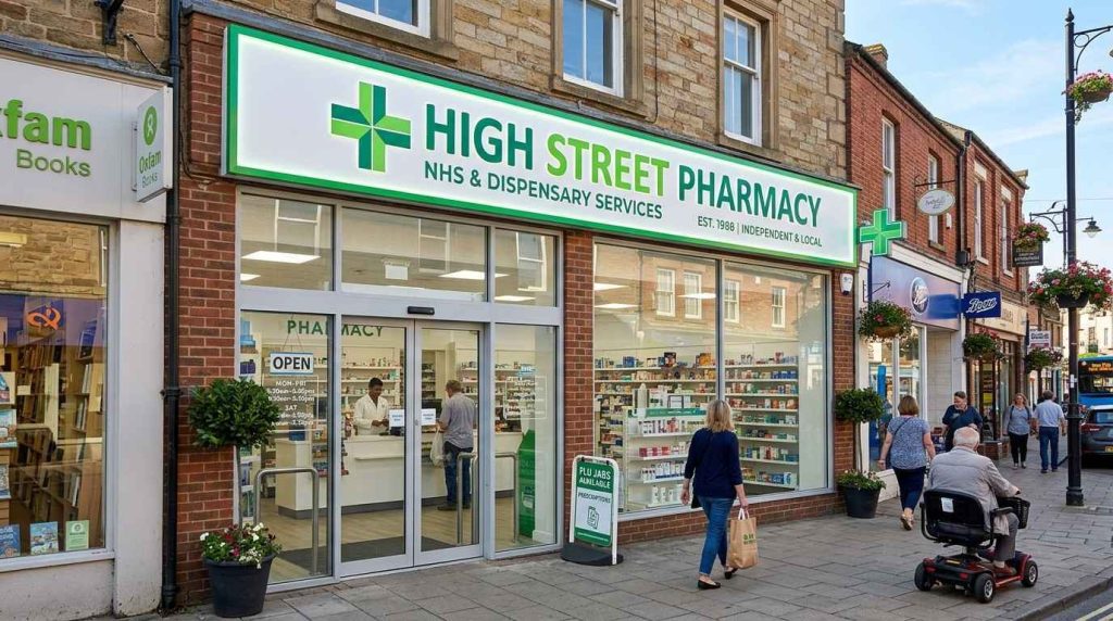 A clean, modern pharmacy shopfront on a UK high street with a white and green illuminated fascia sign displaying the pharmacy name, large glass windows, and a professional entrance on a bright daytime street with pharmacy sign ideas.