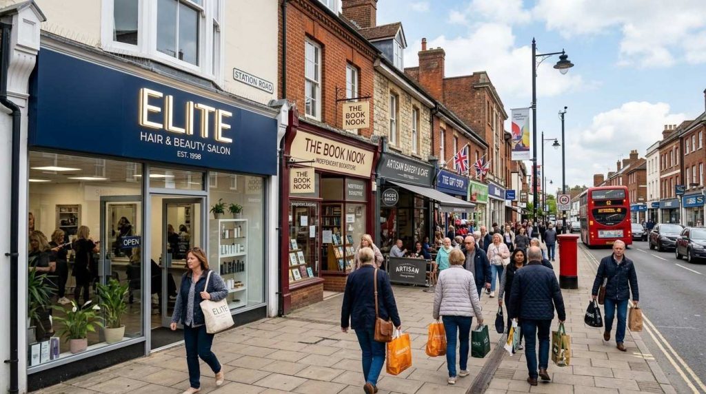 How Effective Salon Signage Attract More Walk-In Clients 3 A busy UK high street during daytime with pedestrians walking past a row of independent shops including a salon with a clean illuminated fascia sign above the entrance