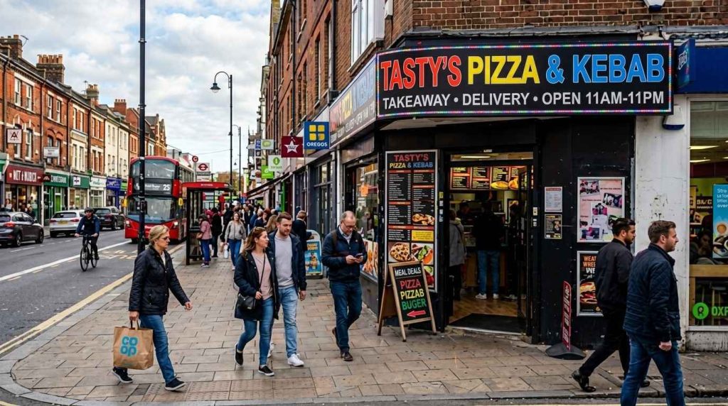 Illuminated takeaway signs above a shopfront on a busy UK high street with pedestrians walking past during the day
