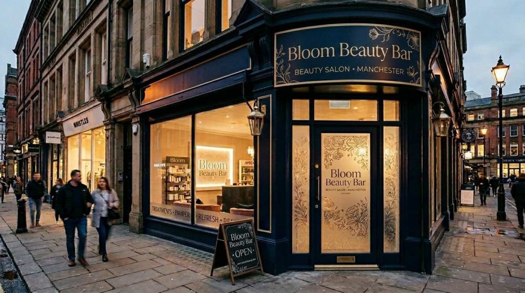 Luxury Beauty Salon Signs: What's Trending in 2026 2 A luxury beauty salon sign shopfront in Manchester with illuminated signage above the entrance and frosted window graphics on the glass door