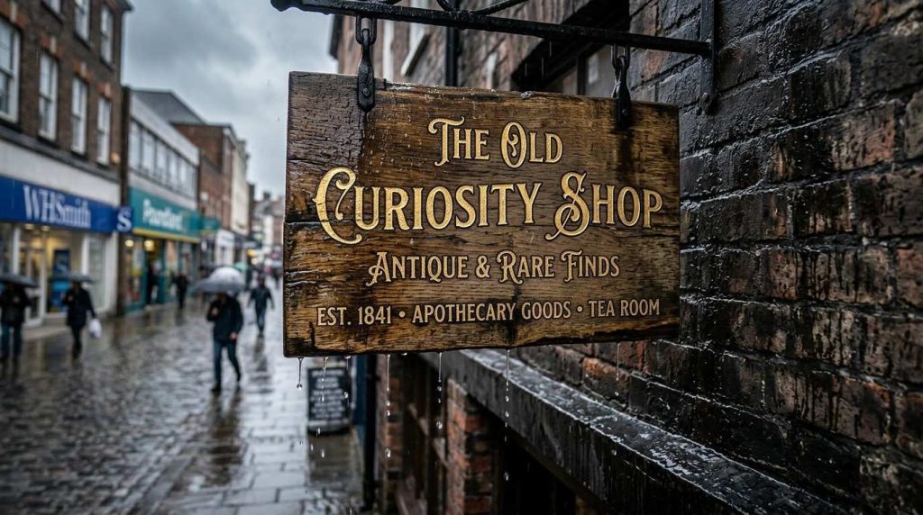 Outdoor shop sign mounted on a UK high street building during rainy weather, showing exposure to wind, moisture and changing weather conditions.