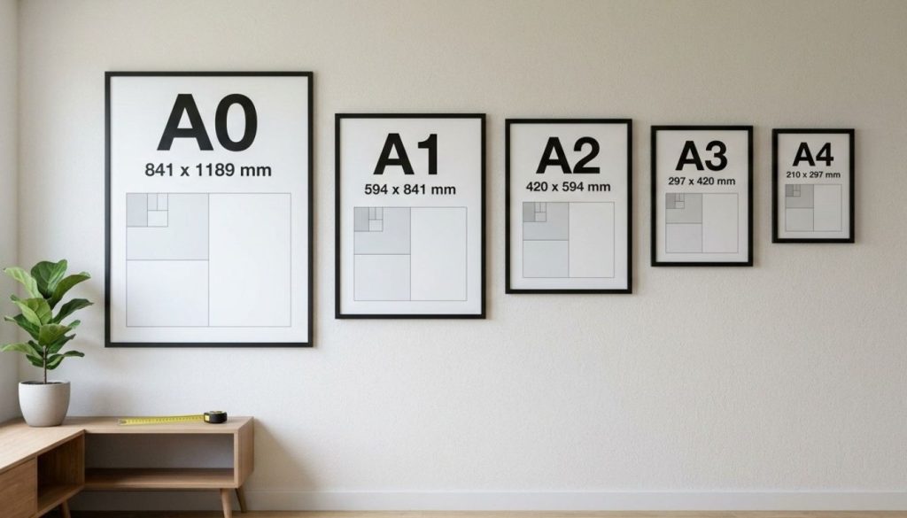 A0, A1, A2, A3 and A4 poster paper sizes displayed side by side on a wall for size comparison.