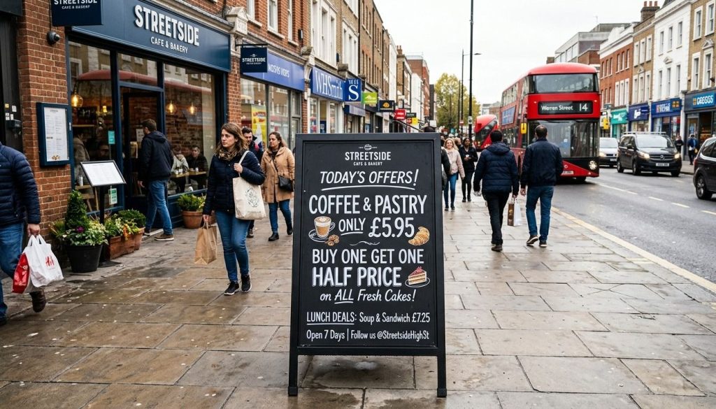 A black aluminium sandwich board positioned outside a busy UK retail shop on a high street, displaying a promotional offer to attract passing pedestrians.