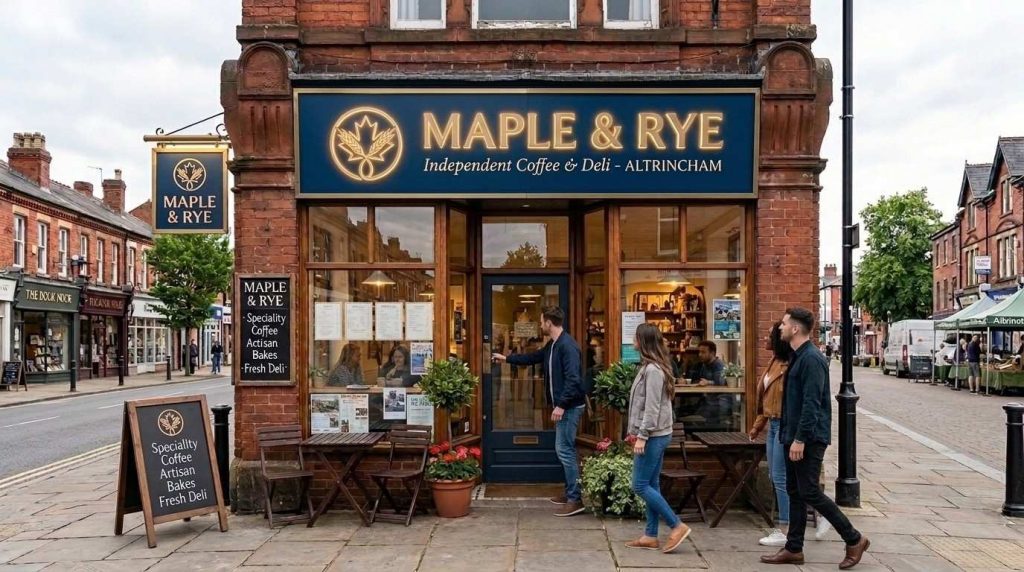 Msigns' new illuminated sign design for Maple & Rye, overlaid on a photo of the shop front wall showing logo placement and backboard colour.