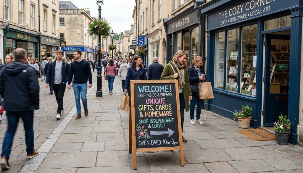 Outdoor advertising boards displayed outside a local retail shop to attract pedestrians and increase foot traffic.