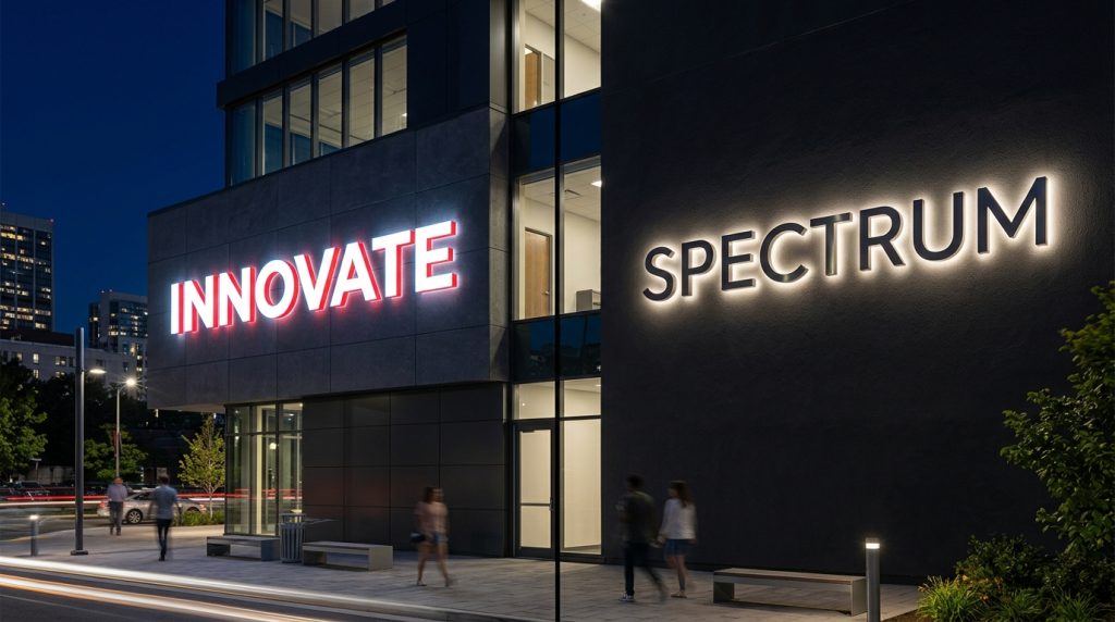 Modern commercial building at night divided visually into two halves, clearly contrasting the two lighting styles of halo lit vs face lit letters.