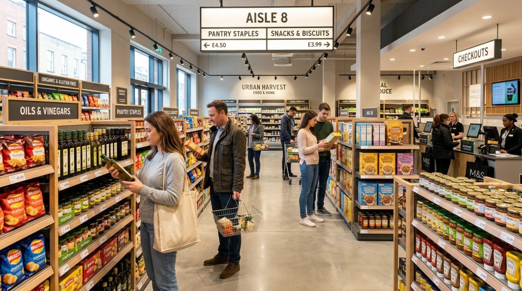 Modern UK retail store interior with neatly organised shelves, clear signage, attractive lighting and customers browsing products for effective visual merchandising.