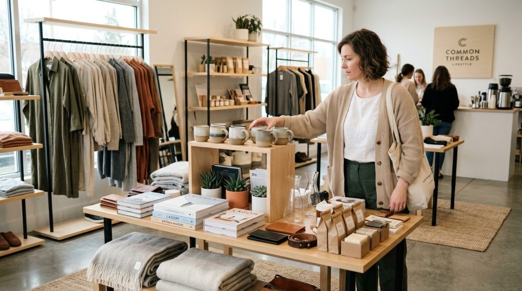 Customer browsing a concept store featuring carefully curated clothing, accessories, books and homeware arranged around a cohesive lifestyle theme.